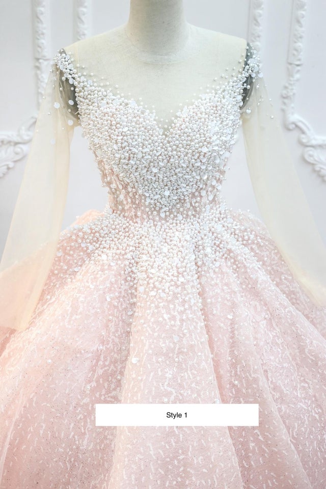 Light Pink Sparkle Long Sleeves Ball Gown Wedding Dress With Glitter Tulle Various Styles