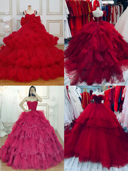 Gorgeous Ruffled Neckline Long Train Red Tulle Ball Gown - Lunss