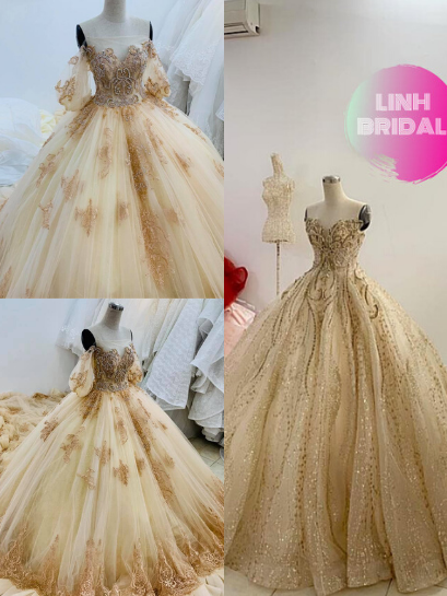 Various styles - Gold beaded sparkle ball gown wedding dress with ruffled  flower detail & glitter tulle