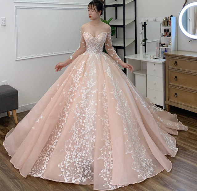 Gracious Long Sleeves 3d Floral Lace Applique Light Pink Ball Gown Wedding Dress With Court Train 