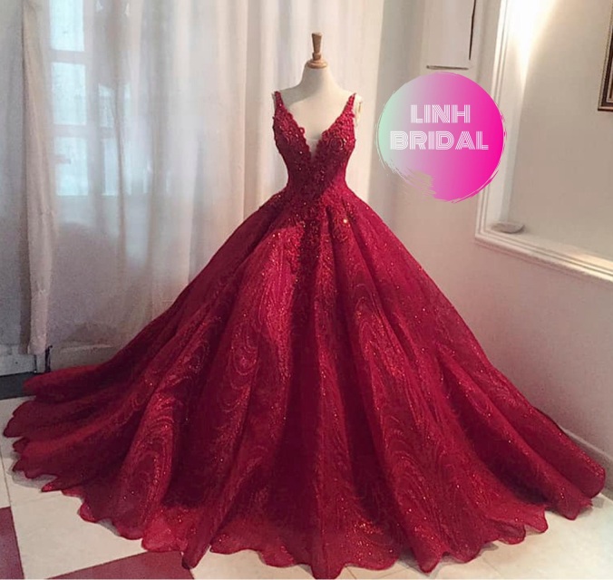 deep red ball gown