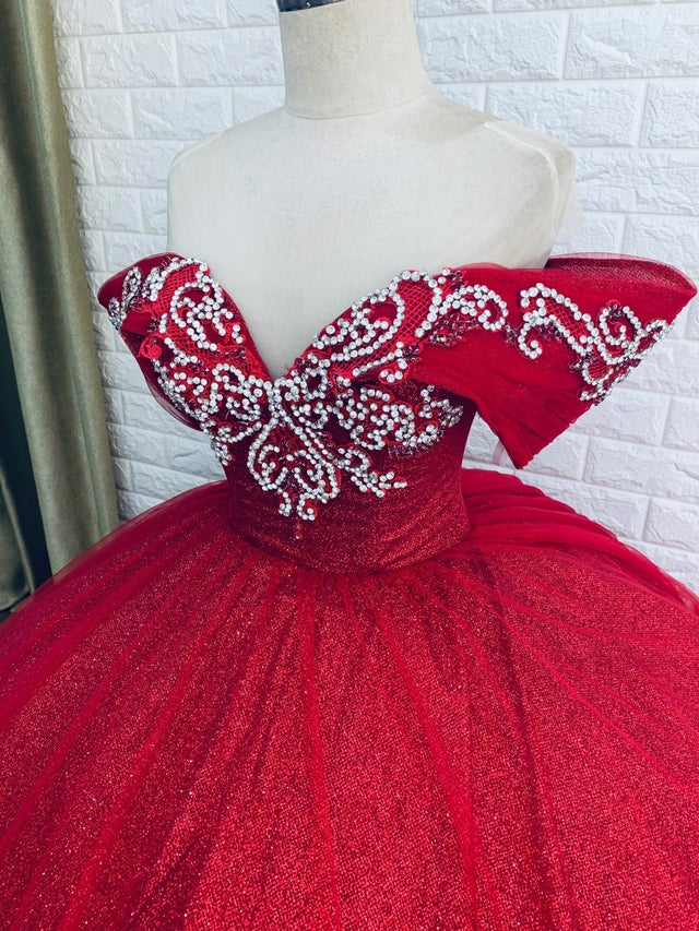 Vermelho Sparkly Quinceanera Vestidos 2021 Lace Applique Frisado