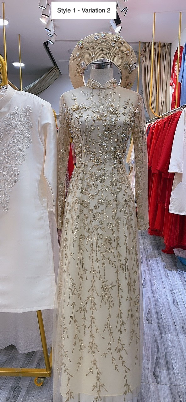 Nude gold/cream Vietnamese Wedding Ao Dai with sparkly beadings and glitter  tulle - optional head piece - various styles