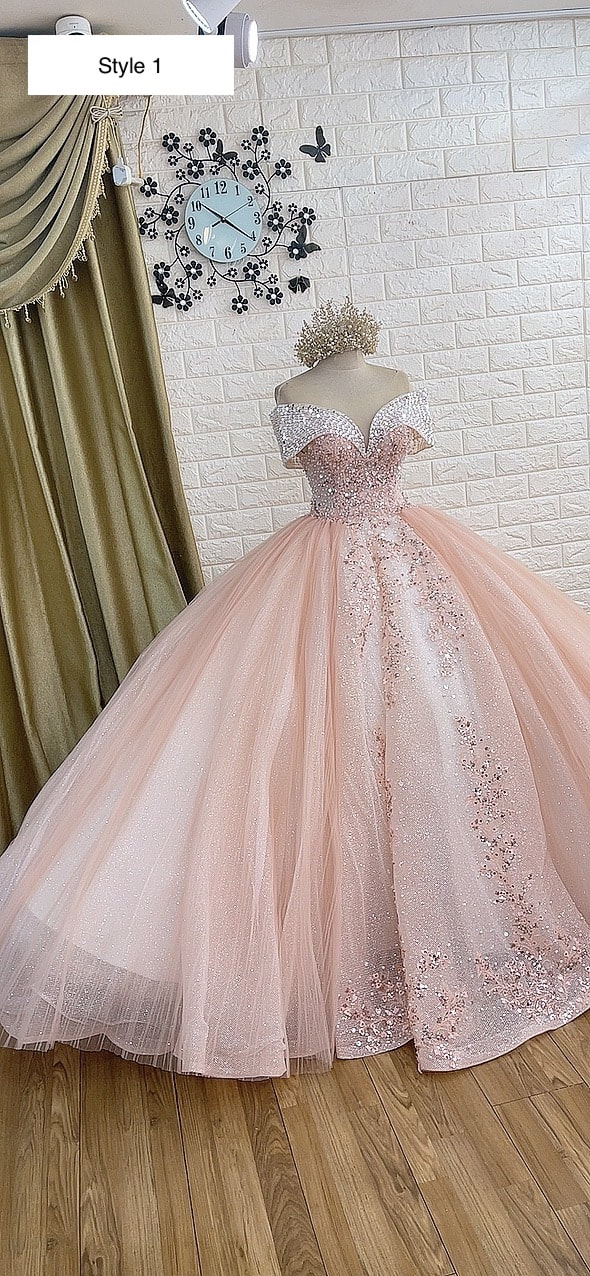 Sweet or dusty pink sparkle drop sleeves beaded lace ball gown wedding ...