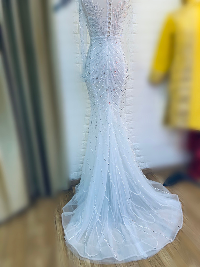Luxury glamorous long-sleeve beaded crystals mermaid wedding/evening dress
