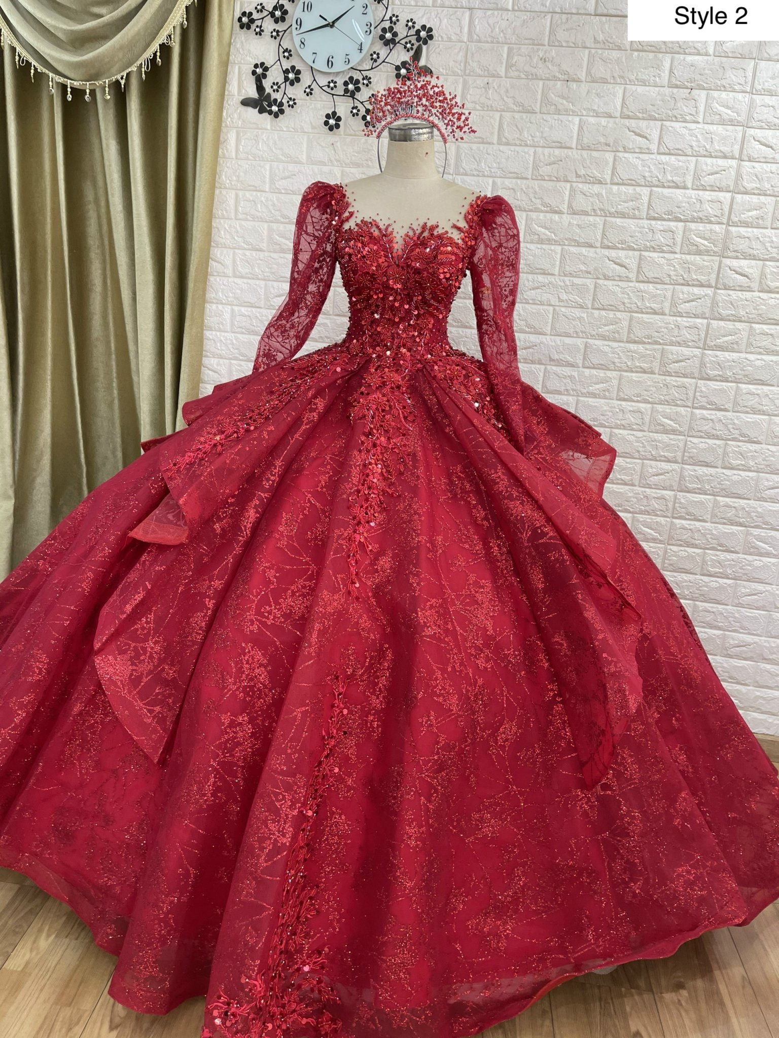Splendid long sleeves red sparkle ball gown wedding dress with beadings ...