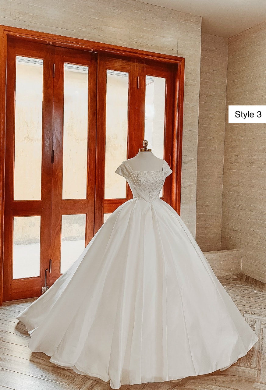Unique drop/cap sleeves white satin ball gown wedding dress with ...