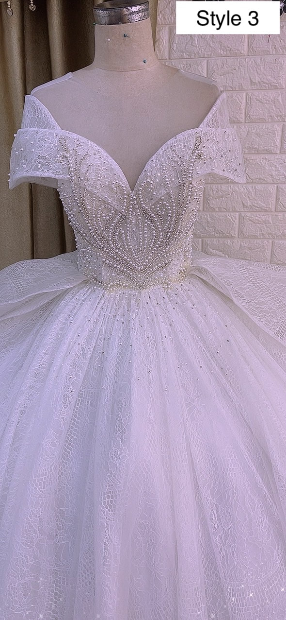 Queen style sleeves white beaded lace wedding ball gown with tiered ...