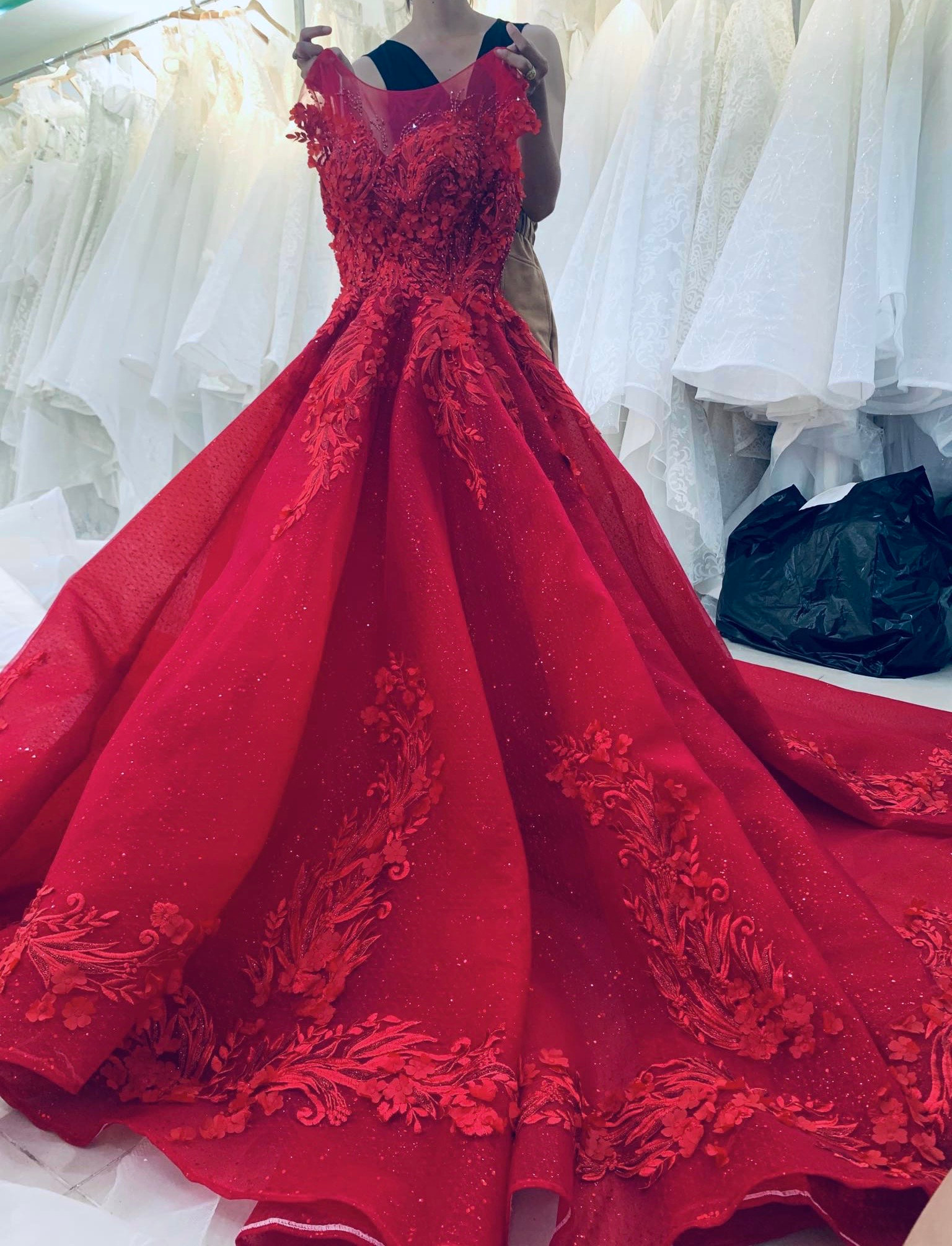 jernbane stereoanlæg Orient Enchanting red rose floral lace applique beaded princess wedding ball gown  dress with chapel train