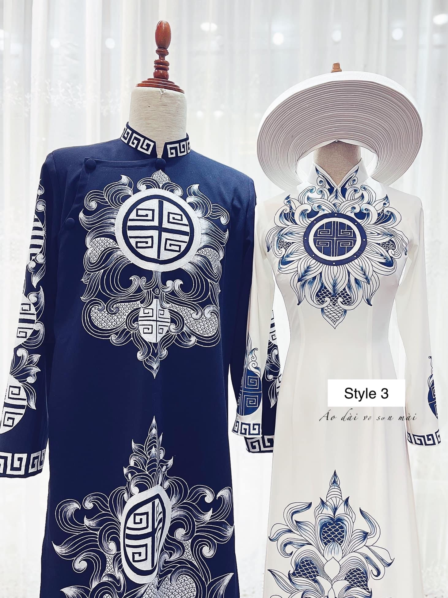 Traditional Vietnamese Wedding Ao Dai in white & blue with beaded or hand  drawn patterns - couple or single - various styles