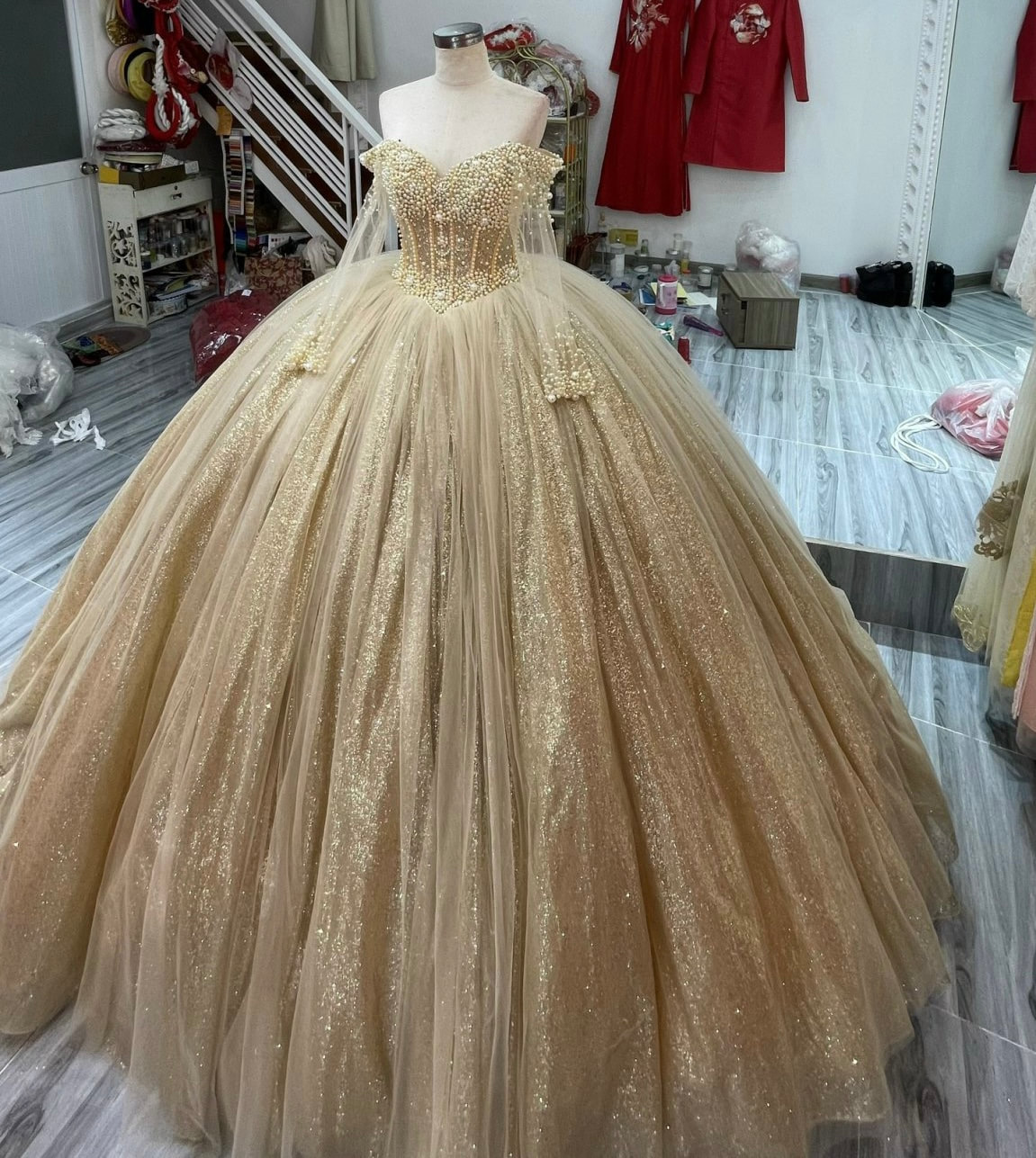 Gold beaded long or cap sleeves sparkle ball gown wedding dress with  glitter tulle - various styles