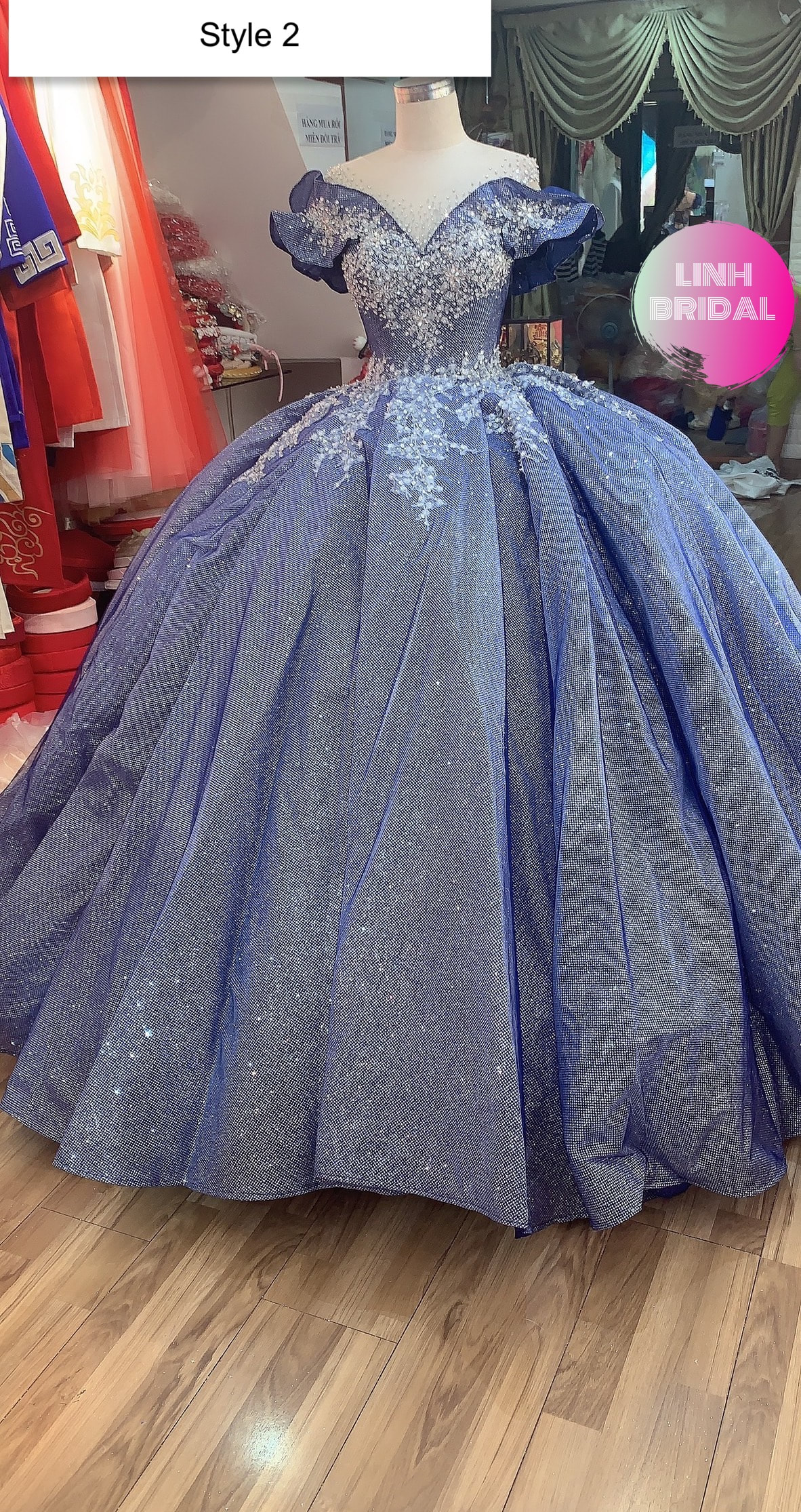 Mysterious blue sparkle ball gown wedding dress with court train ...