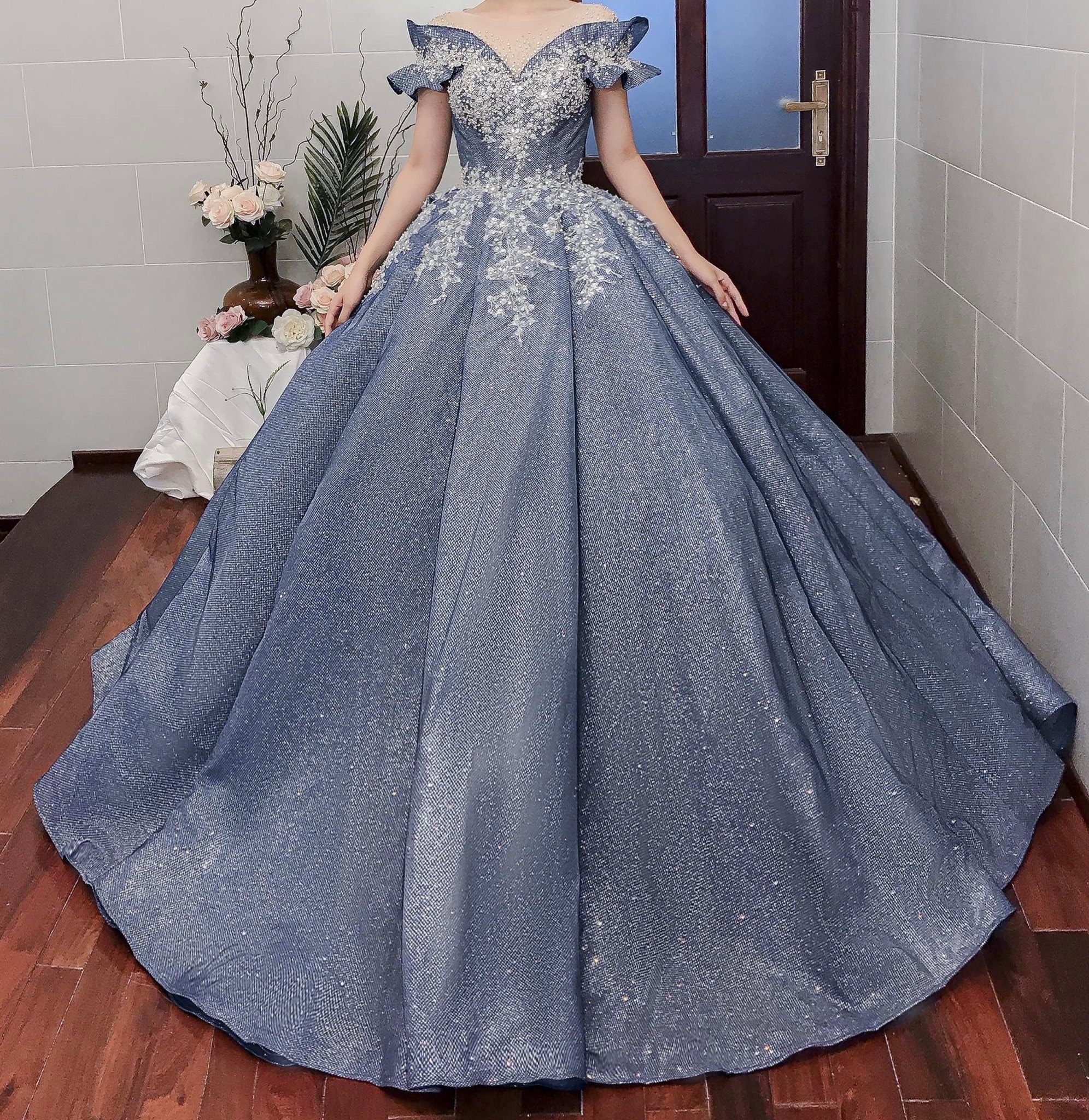 Mysterious blue sparkle ball gown wedding dress with court train ...