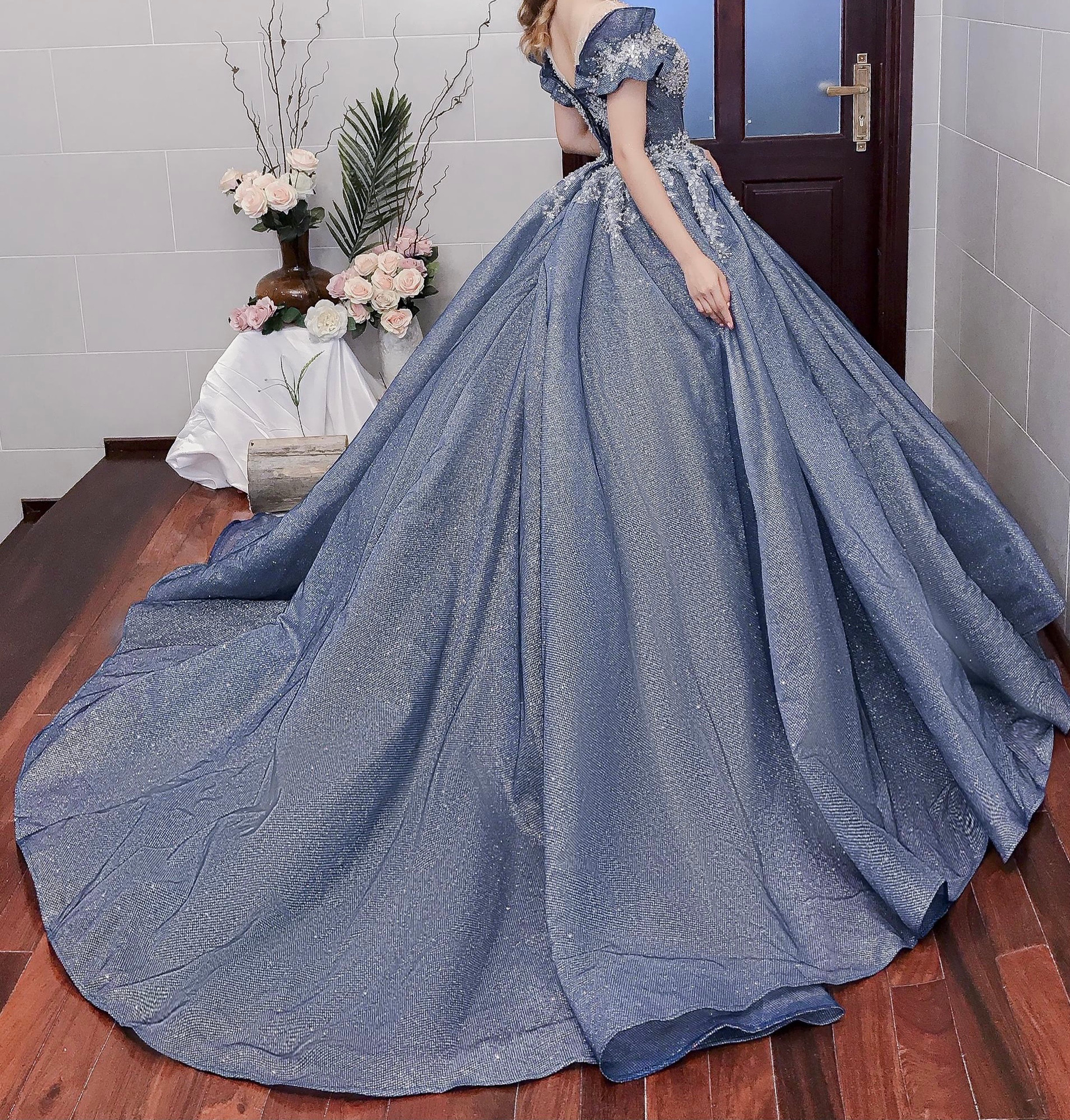 Mysterious blue sparkle ball gown wedding dress with court train & glitter tulle - various styles