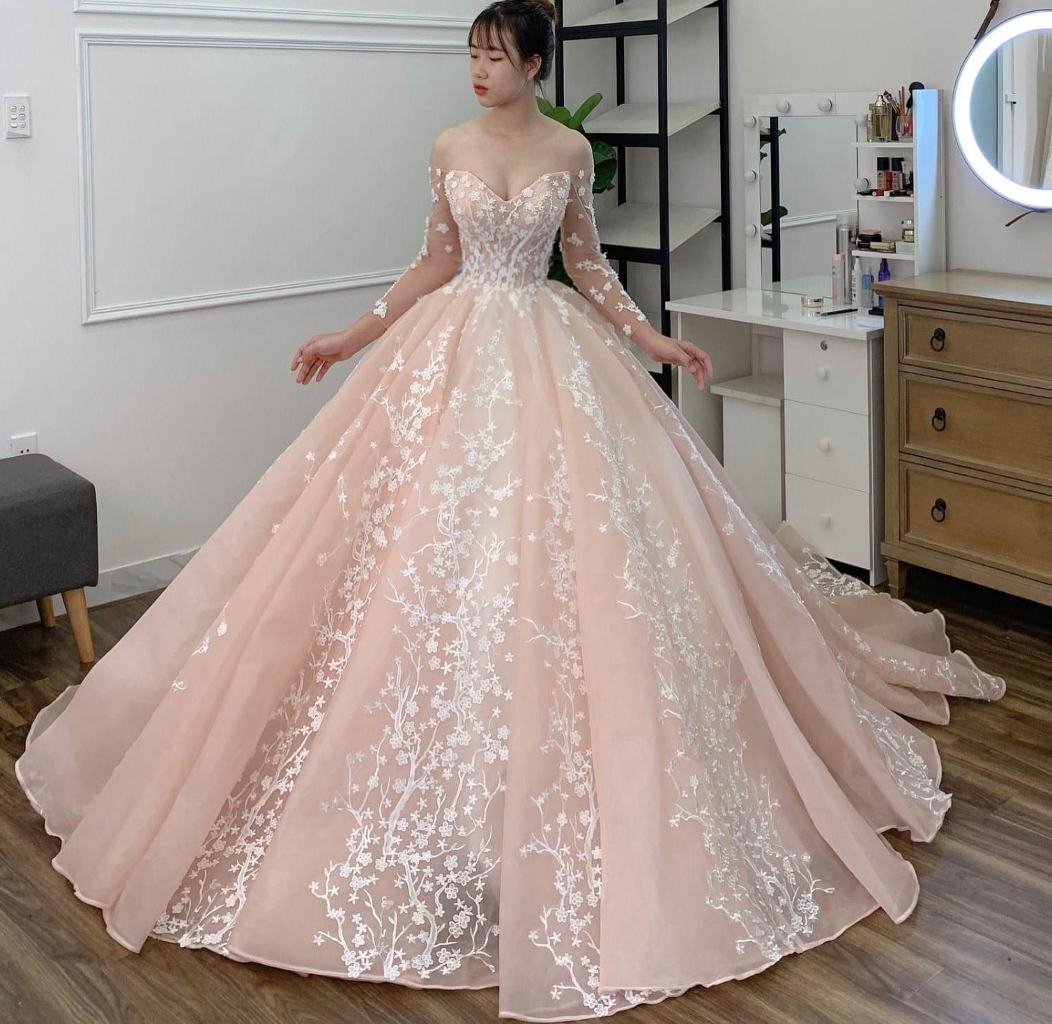 Pink Lace Ball Gown Wedding Dress with Floral Accents