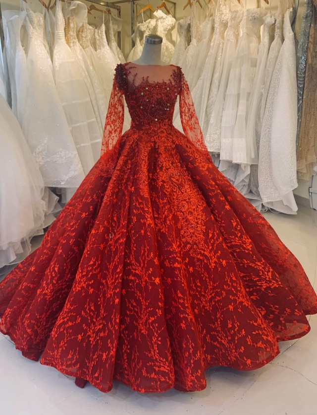 Cherry red lace applique long sleeves illusion V neck ball gown wedding ...
