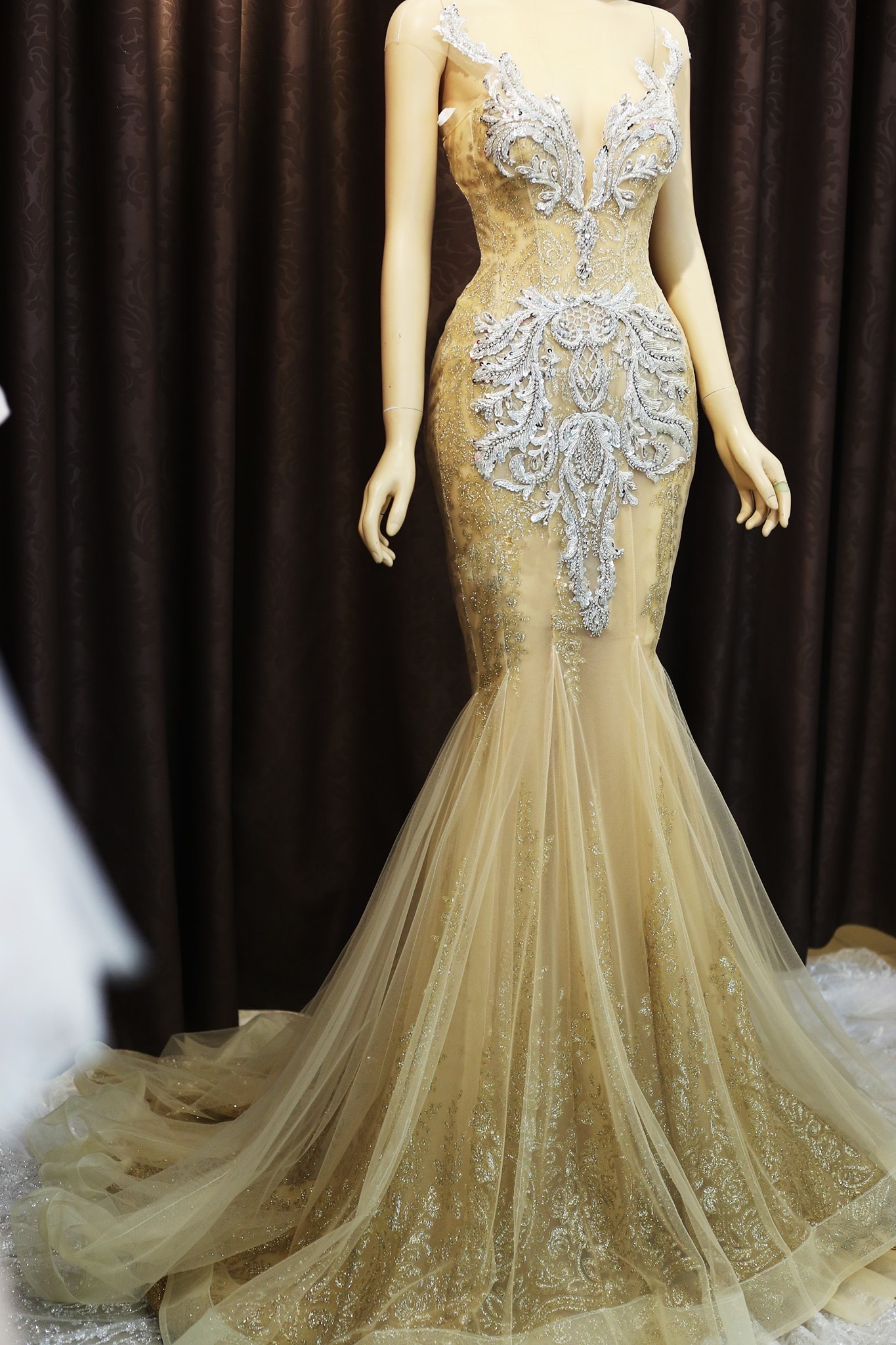 Alluring gold/nude gold beaded crystals mermaid wedding/evening dress ...