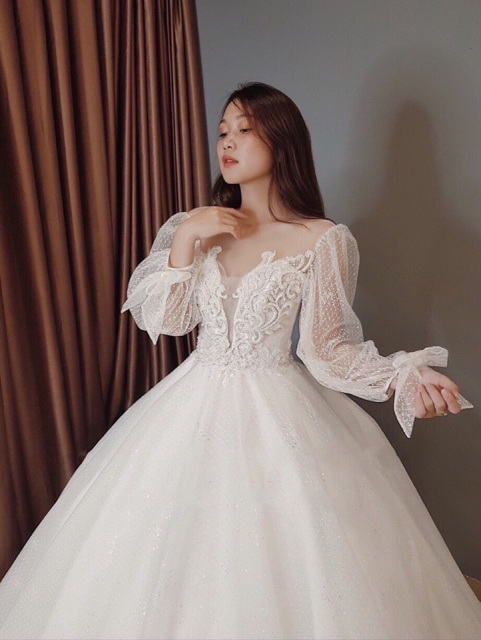 Boho puffy bow tie long sleeves deep V lace white ball gown or A-line ...
