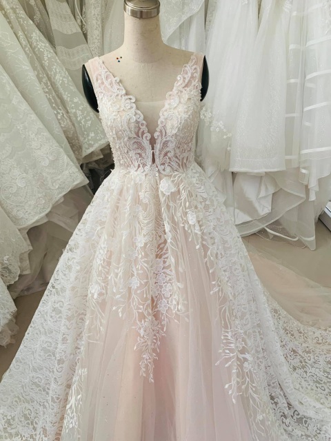Nude/light pink deep V neck lace applique sleeveless A-line wedding ...
