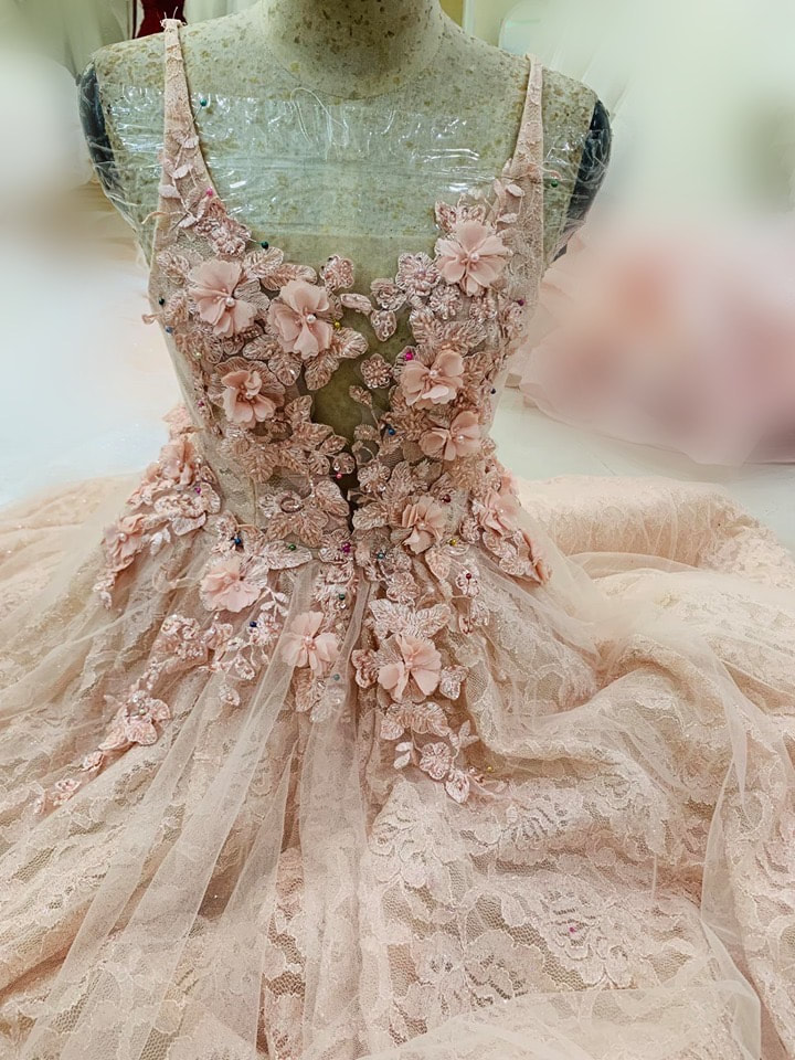 Romantic light pink floral lace applique ball gown or A-line
