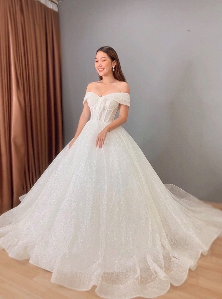 Off the shoulder white sparkle corset top ballgown wedding dress with  glitter tulle and train - various styles