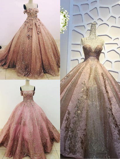 Pink off the shoulder princess sparkle ball gown wedding dress with ...