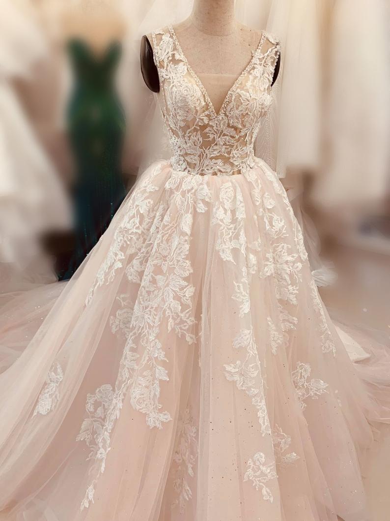 Dusty pink princess gown with 3D floral embroidery