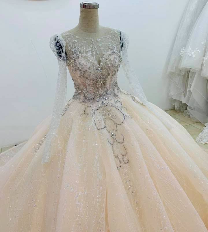 Nude peach princess long sleeves sparkle beaded ball gown wedding dress ...