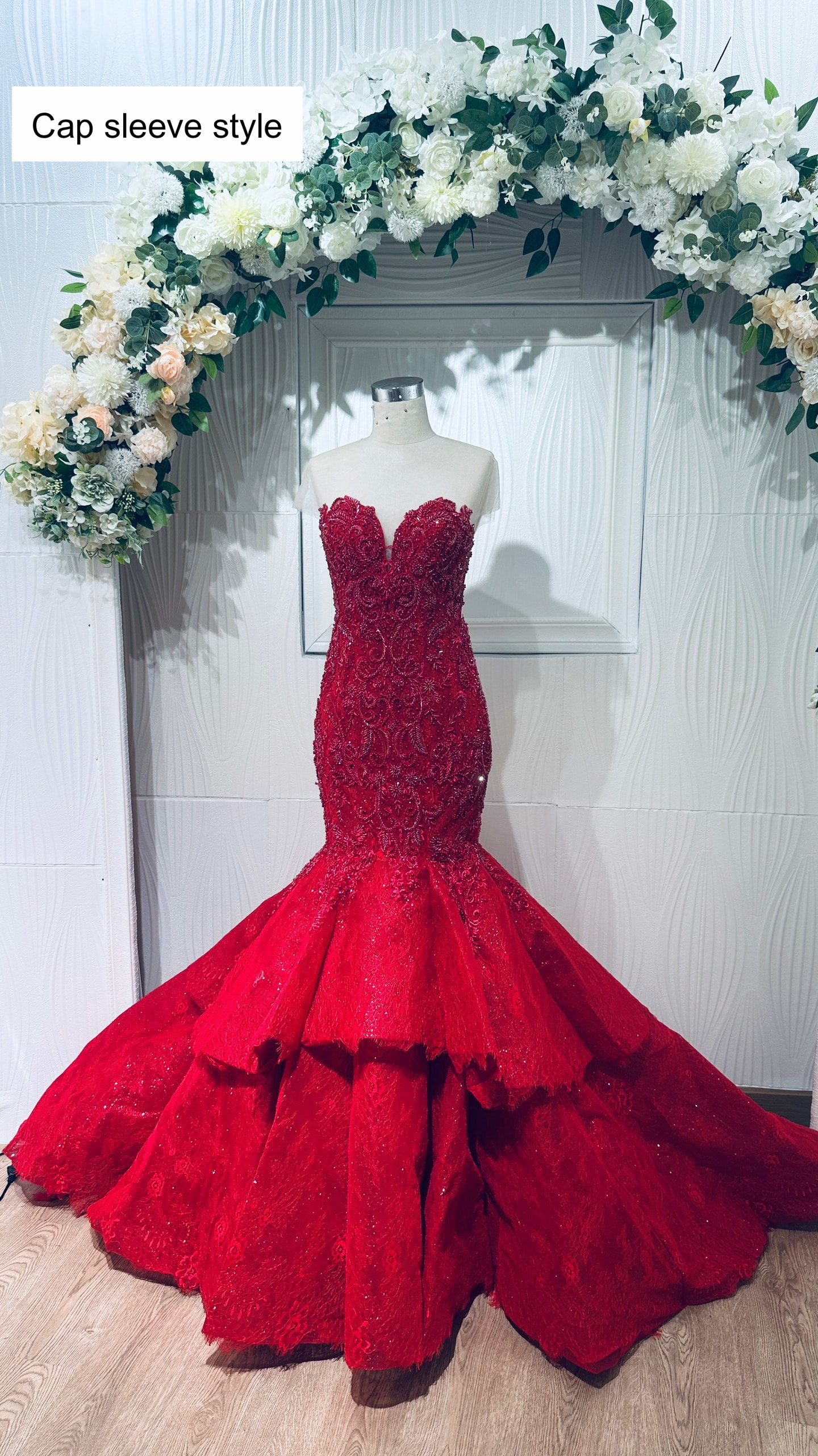 Dramatic red beaded fit and flare wedding/evening gown with tiered lace ...