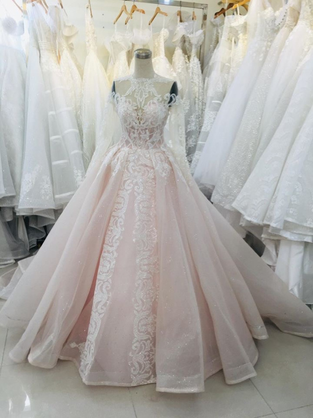 Sweet pink sparkle long sleeves or sleeveless ruffled neck ball gown ...