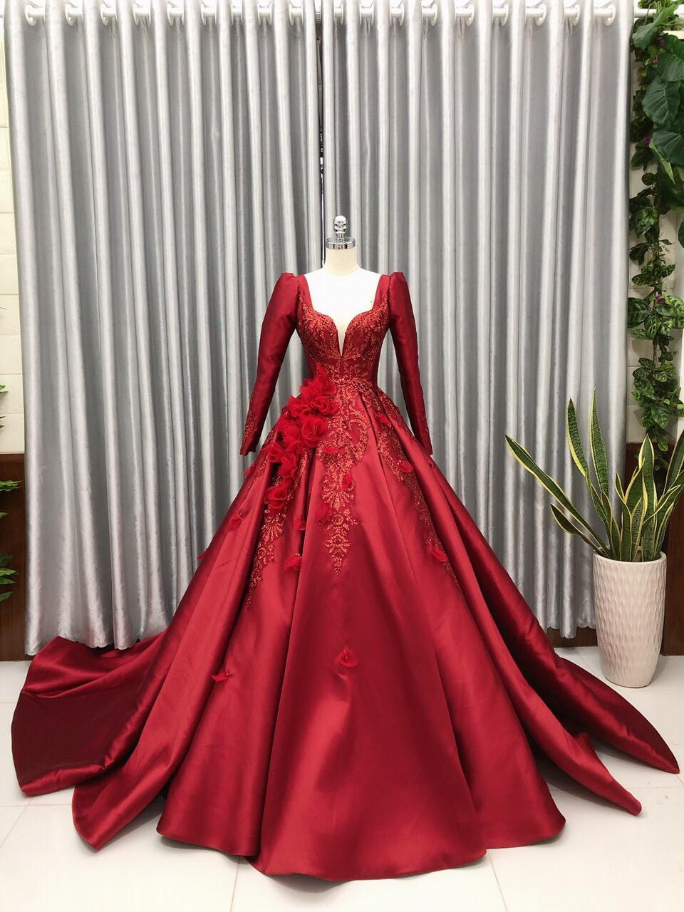 Extravagant red satin gown wedding/prom dress with red flower and glitter details