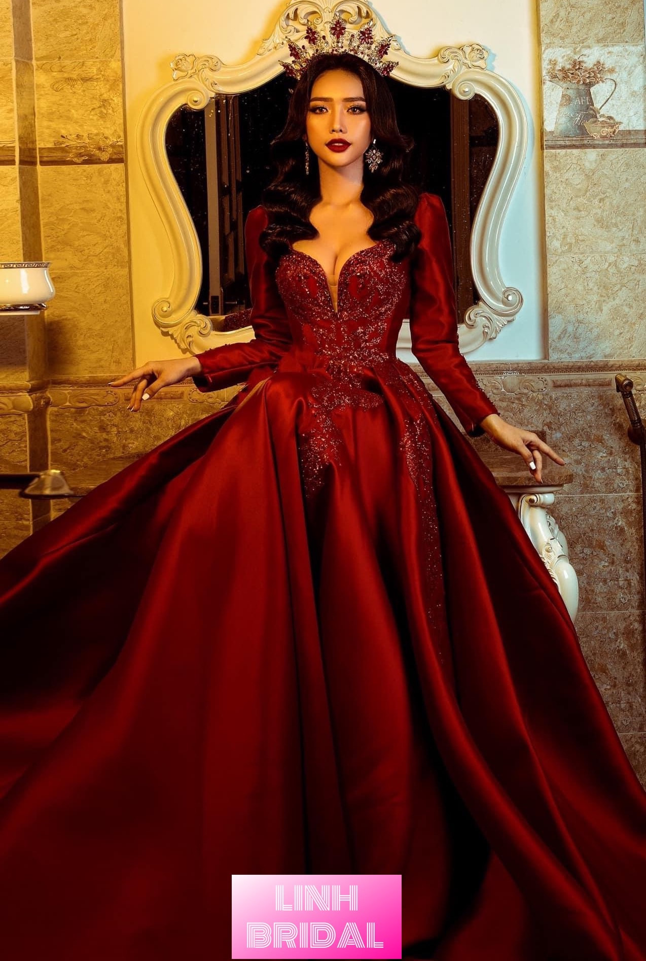 Extravagant Red Satin Ball Gown Wedding Prom Dress With Red Flower And Glitter Details