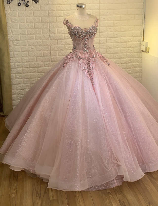 Candy sweet pink sparkle short or cap sleeves ball gown wedding/prom ...