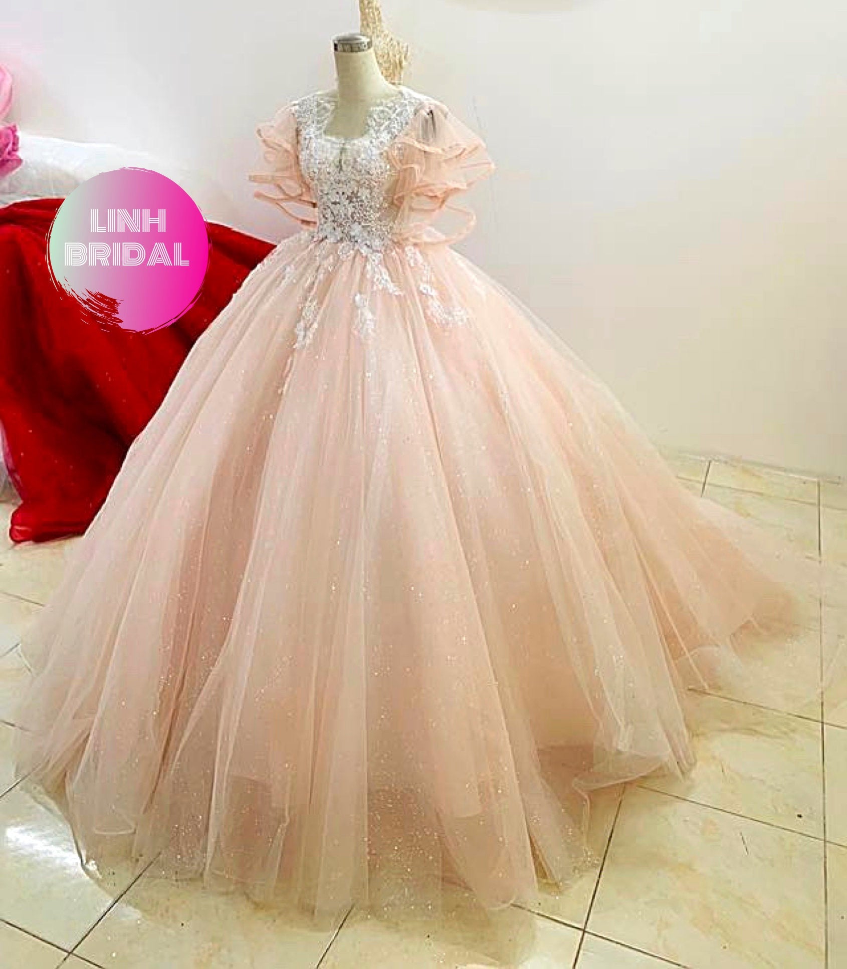 Pretty Light Pink Or White Lace Ruffle Flutter Sleeve Ball Gown Wedding Dress With Train