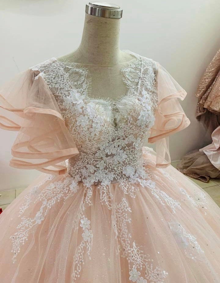 Pretty light pink or white lace ruffle flutter sleeve ball gown wedding  dress with train