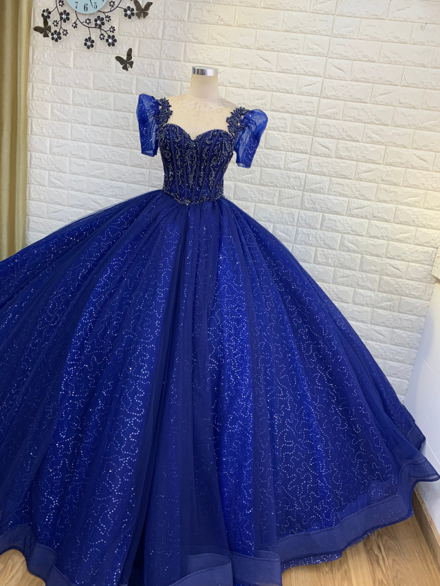 Royal blue short sleeves or cap sleeves sparkle beaded ball gown ...