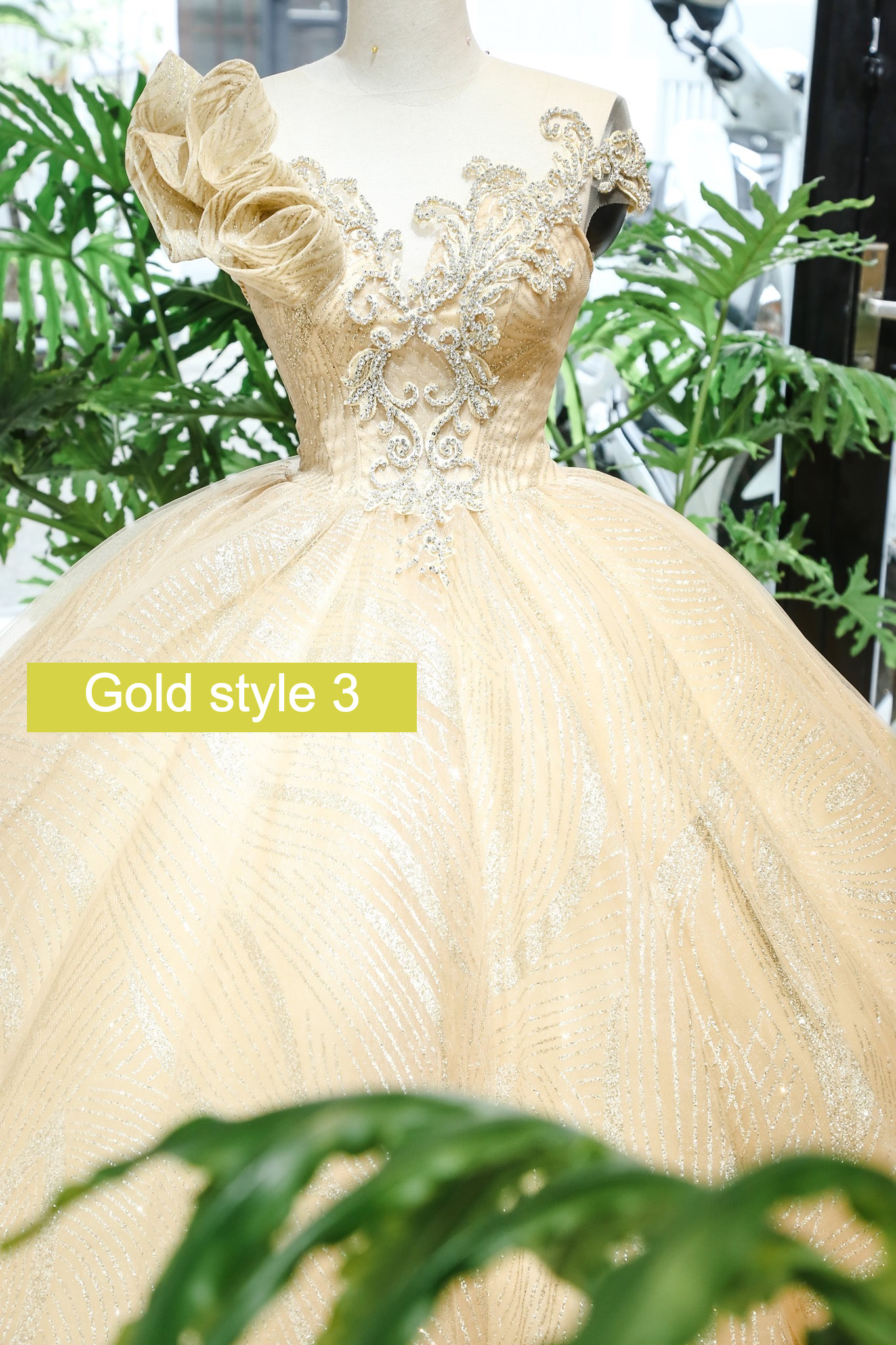 Various styles - Gold beaded sparkle ball gown wedding dress with ruffled  flower detail & glitter tulle