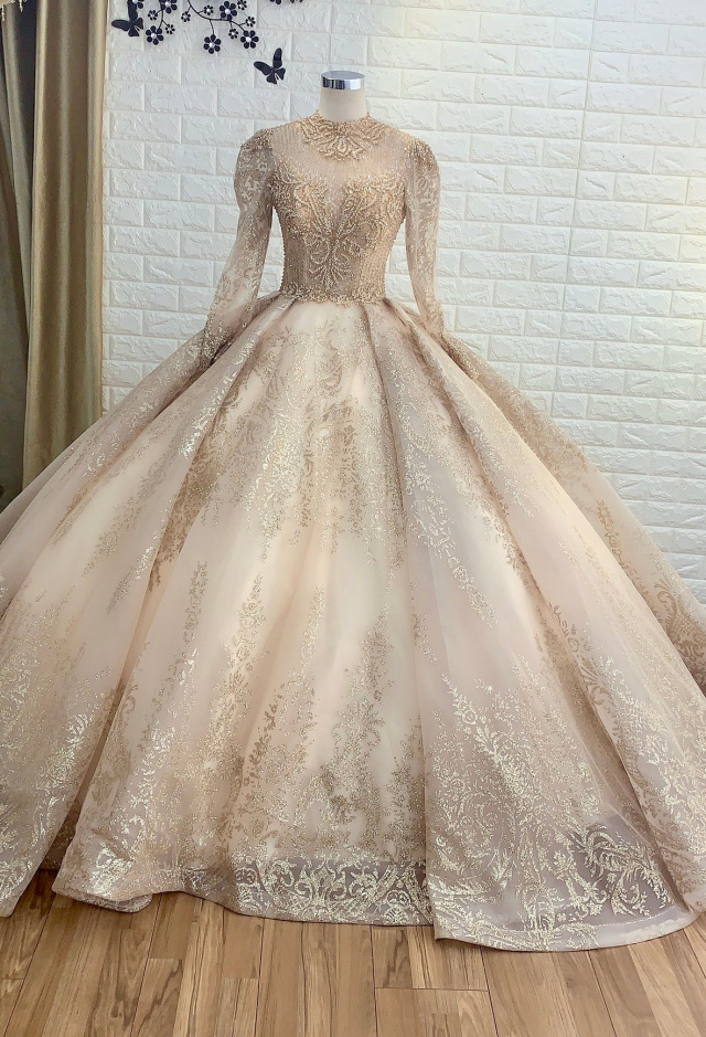 Long sleeves gold beaded sparkle ball gown wedding dress with glitter ...