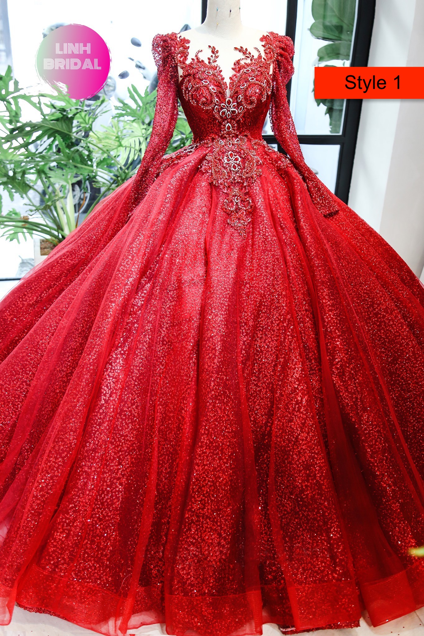 Long sleeves red beaded sparkle gown wedding glitter tulle - various