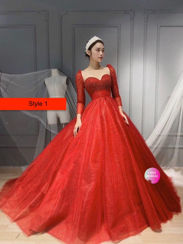 Princess red long sleeves shoulders beaded sparkle gown wedding dress glitter tulle various styles