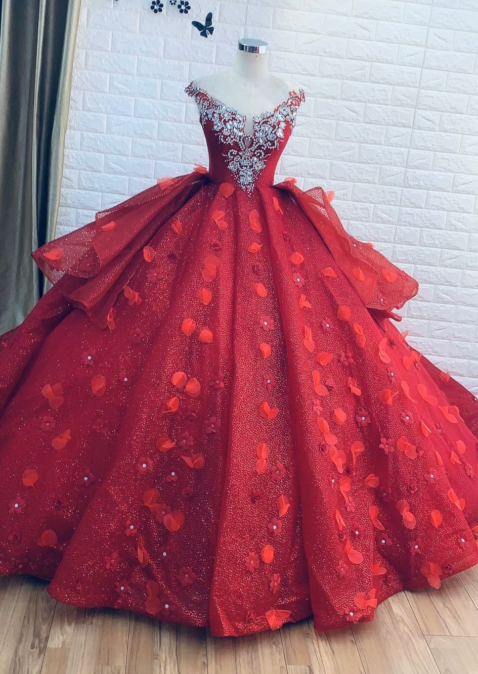 3D red flowers beaded sparkle tiered skirt ball gown wedding dress with ...