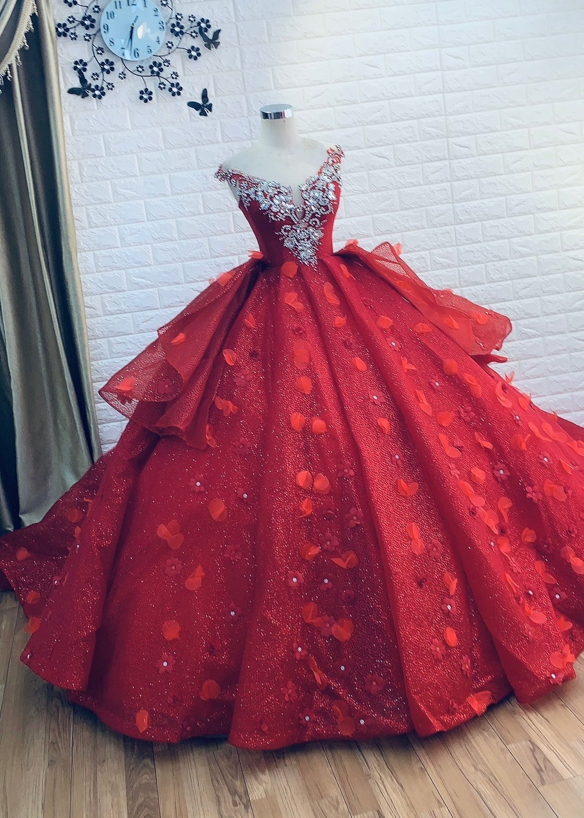 3D red flowers beaded sparkle tiered skirt ball gown wedding dress with ...