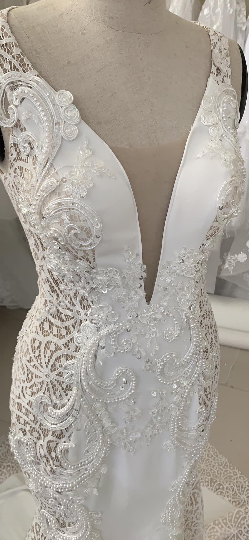 Alluring deep V neck sleeveless white mermaid wedding dress with lace side  panels