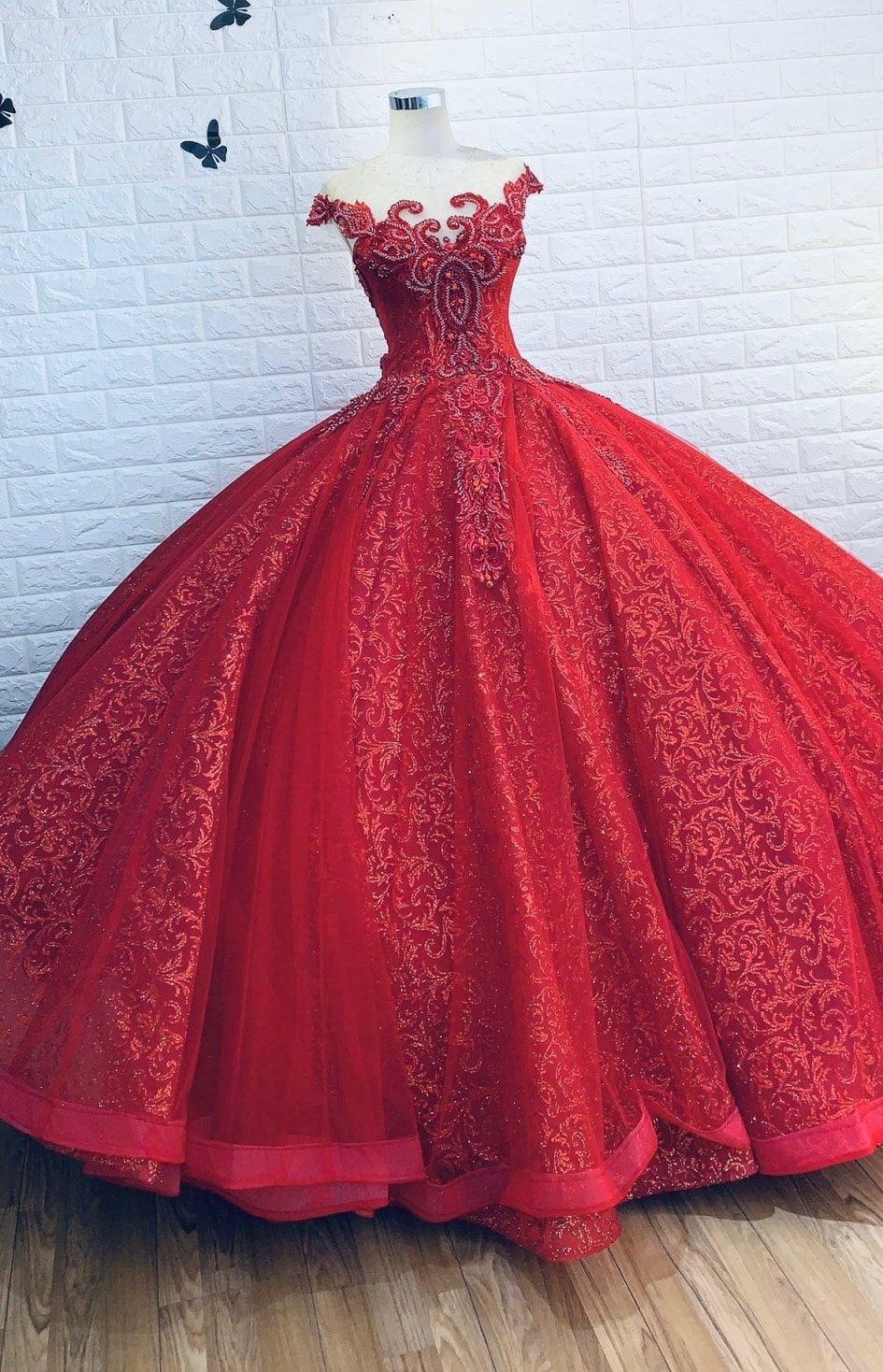 Various styles - Illusion off the shoulder cap sleeves red beaded ...