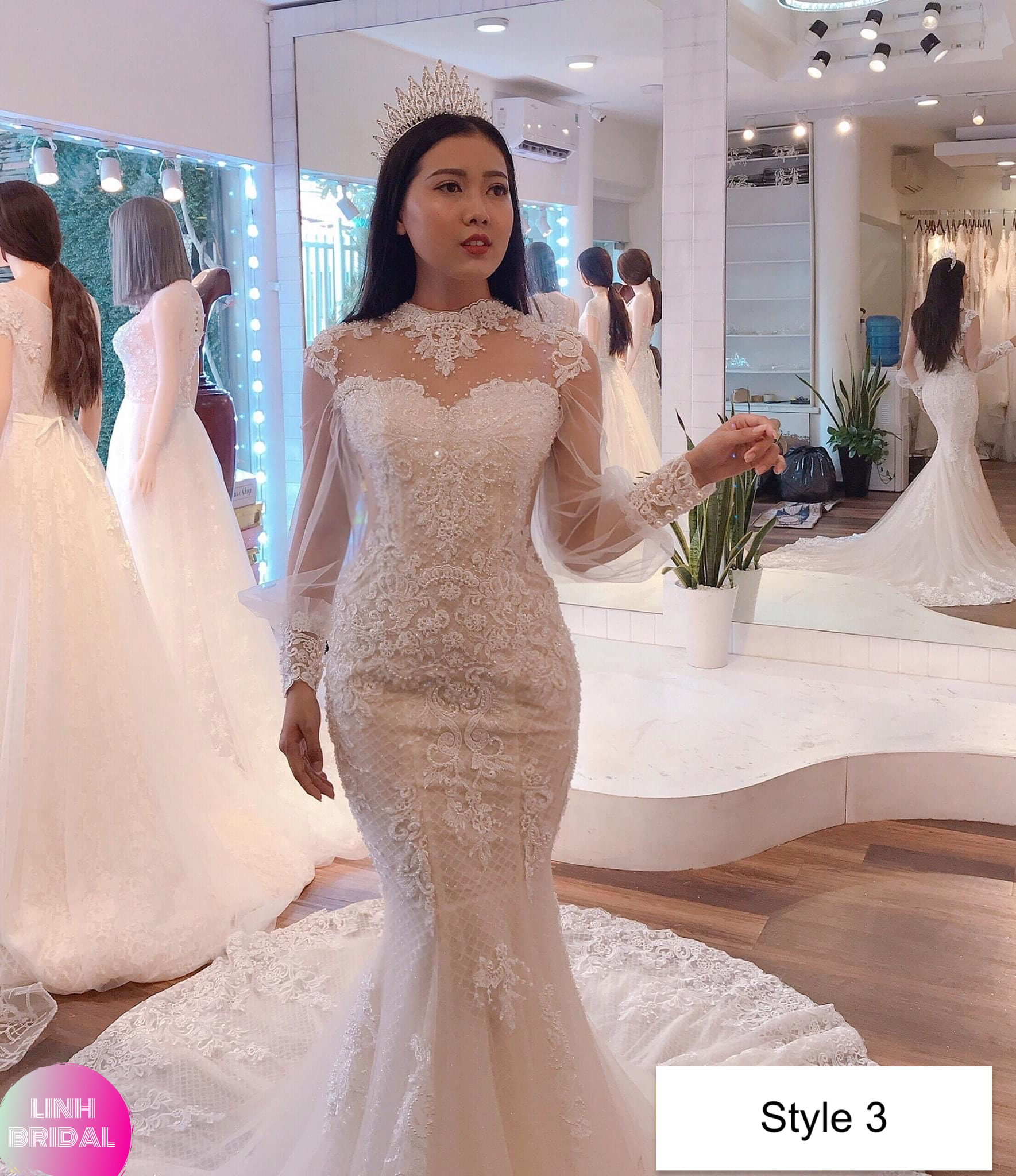 Beaded lace long sleeves white fishtail/mermaid wedding dress with neck ...