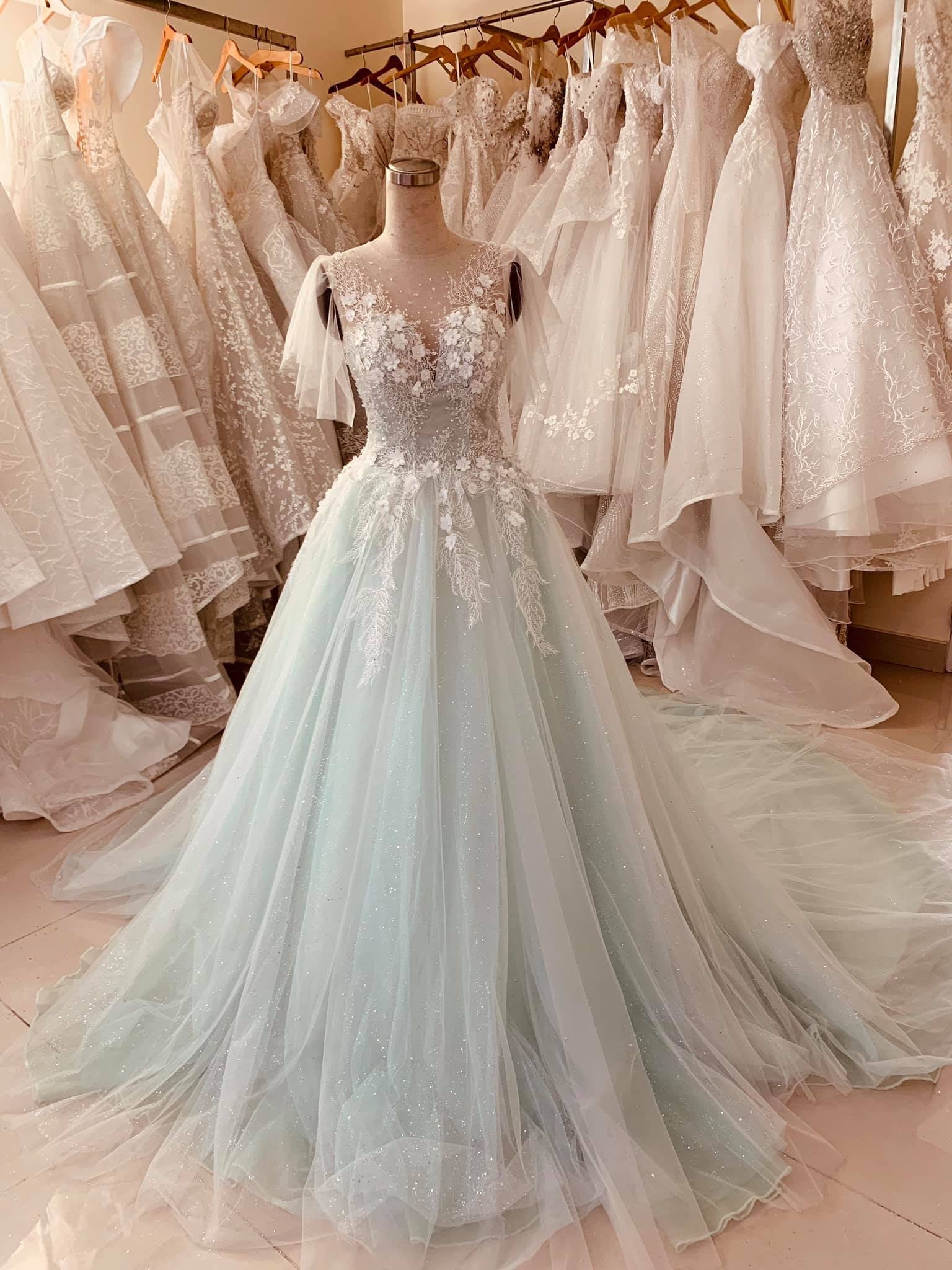 Pastel mint green floral lace flutter sleeve ball gown wedding dress