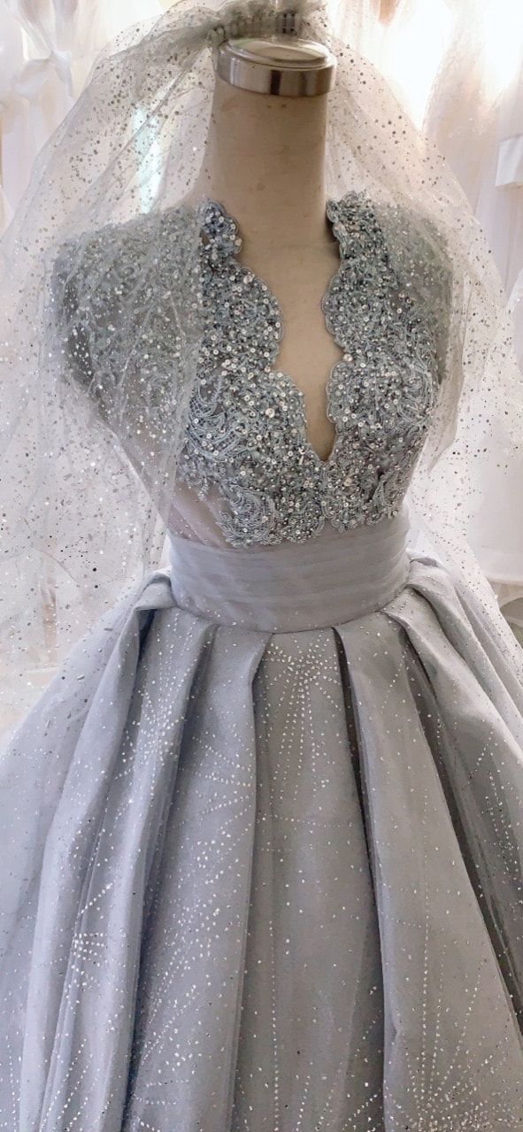Unique grey beaded long sleeves sparkle ballgown wedding/prom dress ...