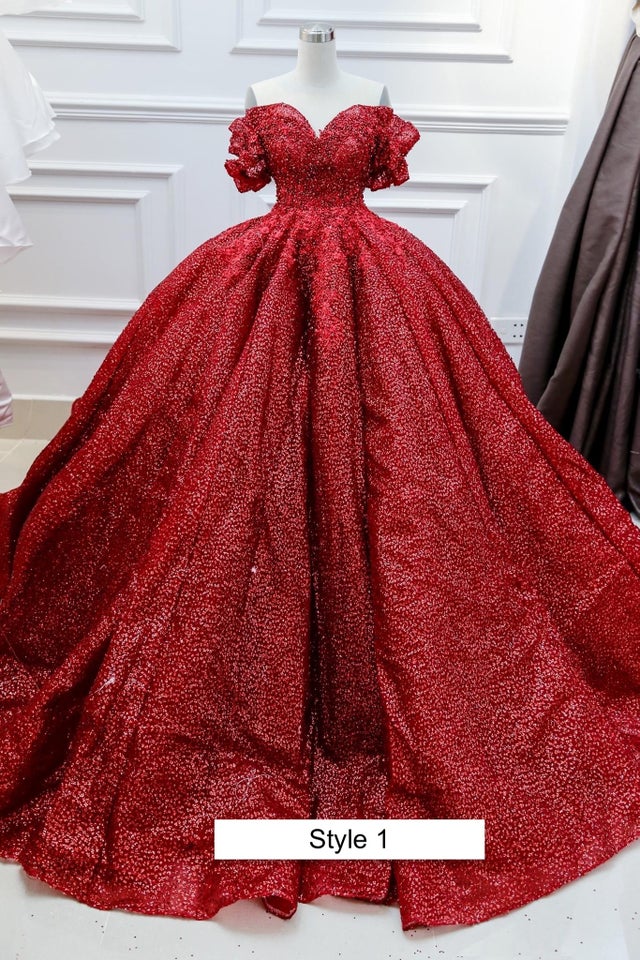 Various styles - Queen style sleeves red sparkle ball gown wedding ...