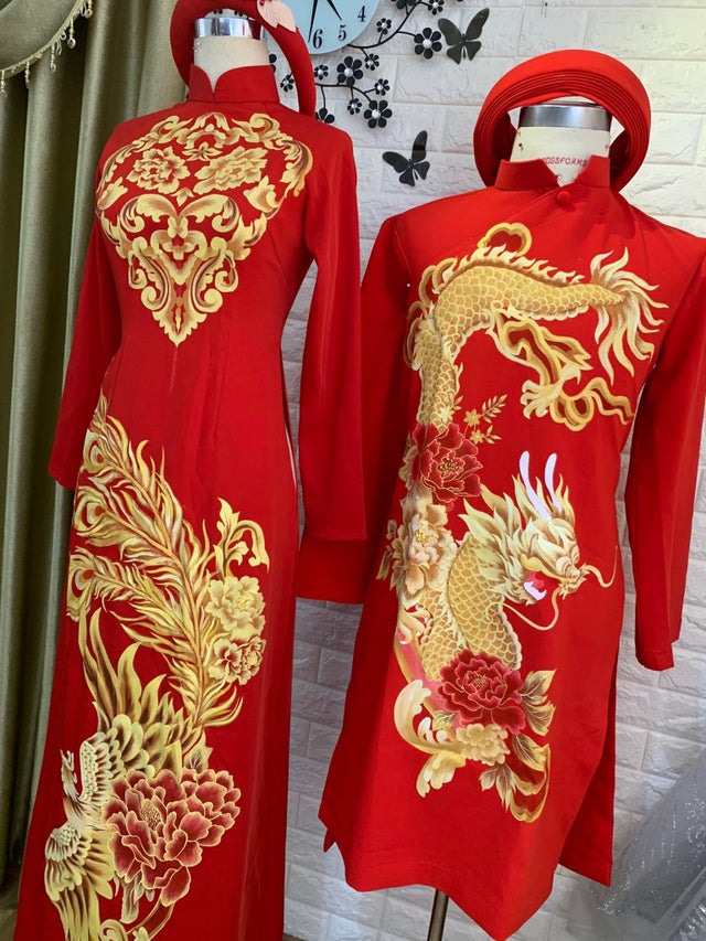 Traditional Vietnamese Wedding Ao Dai in red with gold printed patterns