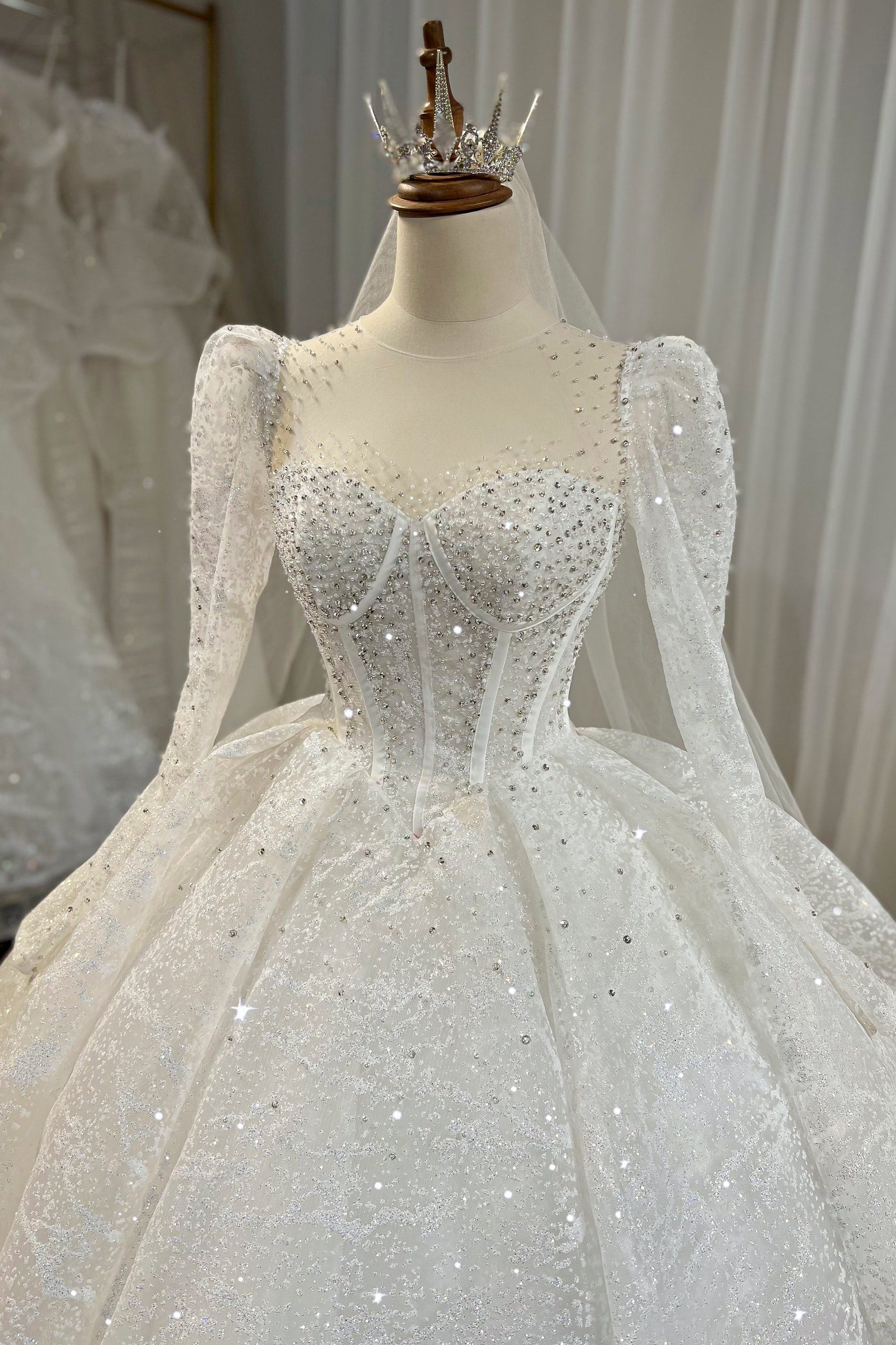 Long or half sleeves sparkle white ball gown wedding dress with glitter ...